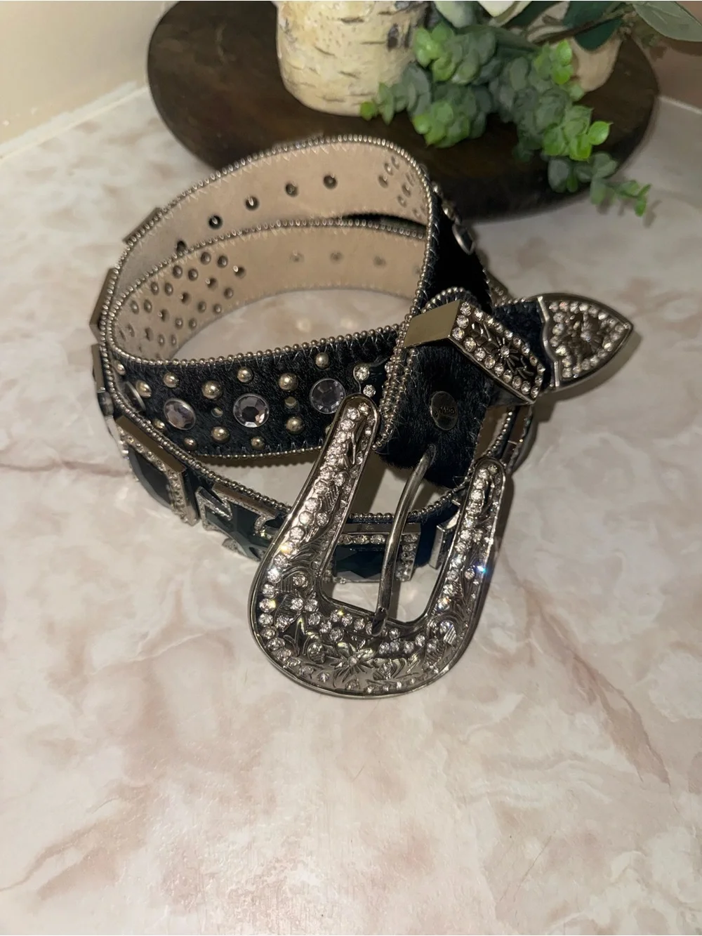 Black Studded Western Belt with Decorative Silver Buckle